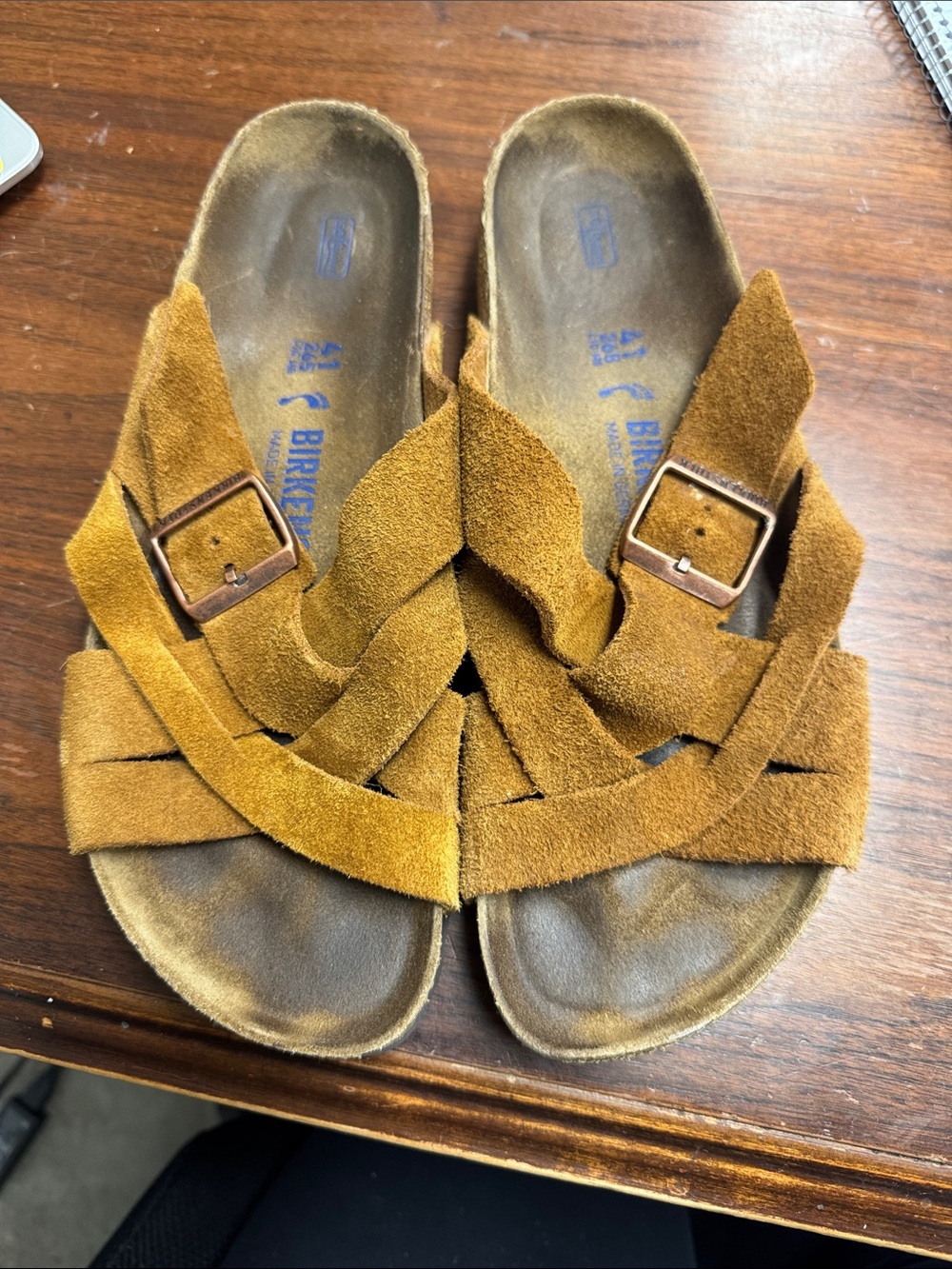 Birkenstock Suede Crisscross Slides in Mustard Brown